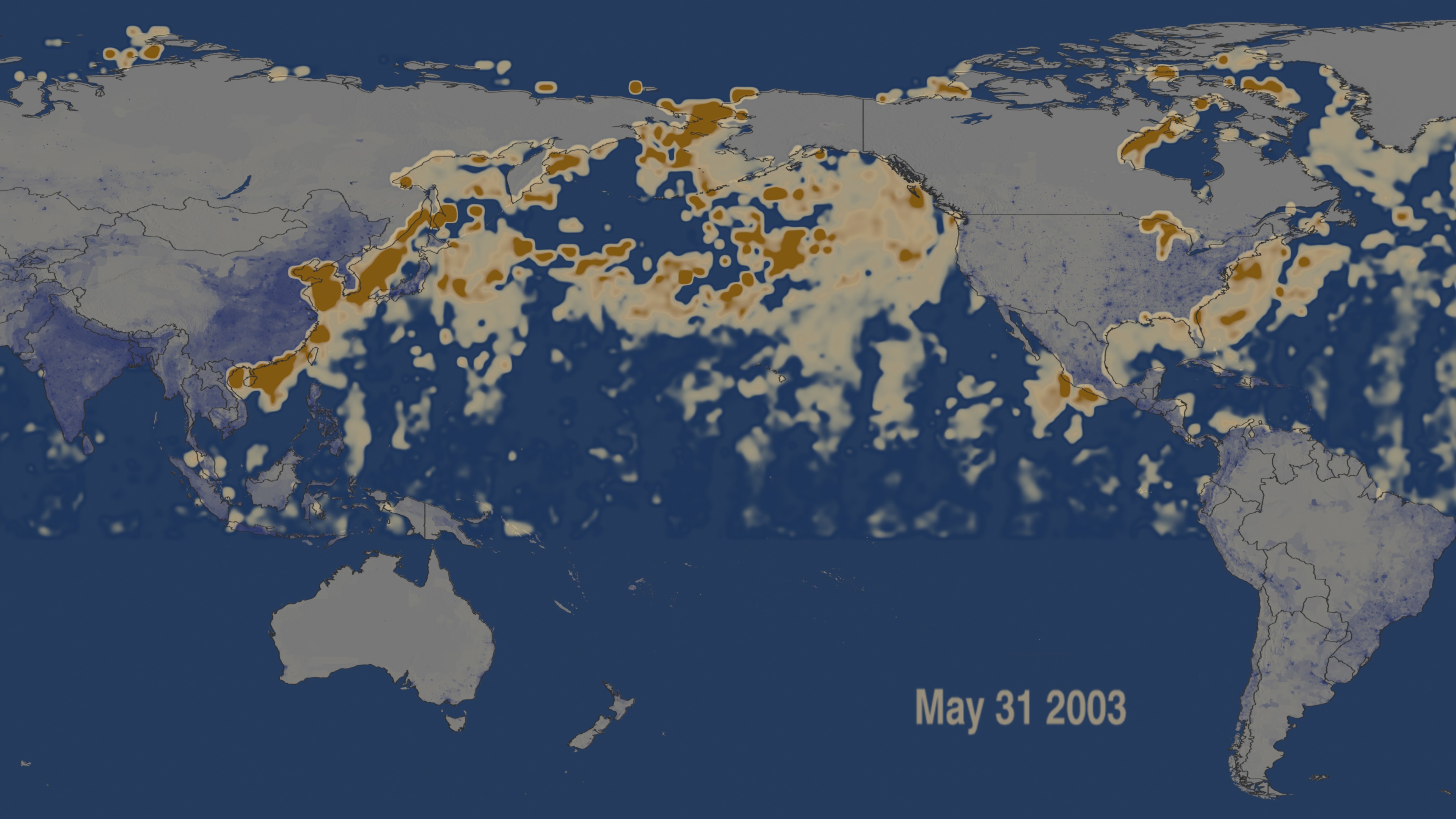 NASA Terra 衛星顯示東亞人為生成氣膠的傳送幾乎無遠弗屆，本圖顯示東亞產生的人為汙染氣膠隨著季風傳送，影響範圍可以橫越整個北太平洋，抵達美國和加拿大。 圖片來源│Pacific Anthropogenic Aerosol Optical Depth (AOD) in 2003