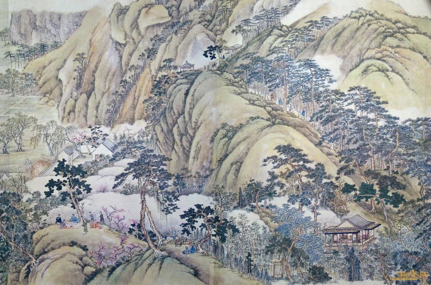 清代徐揚所繪的《姑蘇繁華圖》，左下角可見僮僕拿著提盒跟隨文人遊歷山水的樣貌。（資料來源／維基百科）