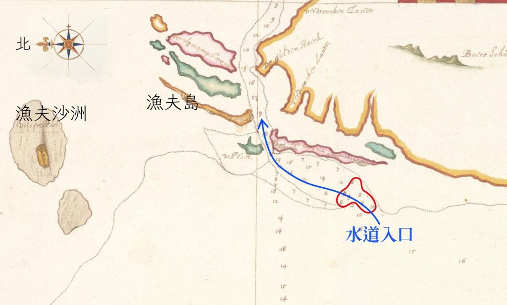 1633 年之前測繪的魍港海圖。藍線標示是可以航行的水道，此時水道入口處深度只有 7-8 呎（紅圈處），大型中式帆船不易出入，要小心翼翼地投測深錘前進。 圖片來源│River Matthaw (Pachang, northerly Taoyuan（部分）, Johannes Vingboons, Atlas Blaeu, vol. 41:06, fol. 48-49.) 感謝奧地利國家圖書館（Österreichische Nationalbibliothek）授權使用。 圖說重製│林婷嫻、林洵安