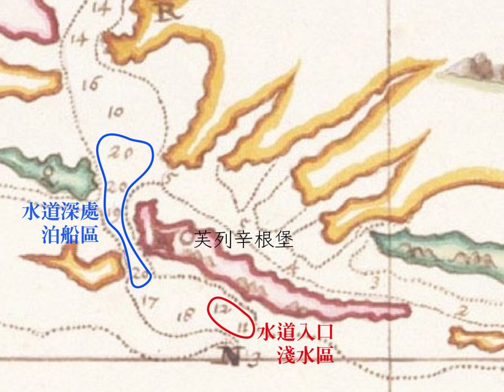 1636 年重新測繪的魍港海圖。此時水道入口變深至 11~12 呎（1634 年夏季一度有 13 呎深），已符合當時航行大型中式帆船的最低要求。而芙列辛根堡看守的水道之內有較深的錨地可供泊船，大約 19~20 呎深。 圖片來源│Map of the Western Coast of Taiwan（部分）, Johannes Vingboons, Atlas Blaeu, Vol. 41:08, Fol. 54-55. 感謝奧地利國家圖書館（Österreichische Nationalbibliothek）授權使用。 圖說重製│林婷嫻、林洵安