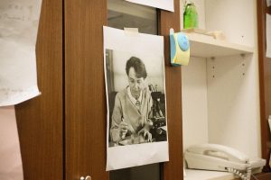 王中茹的辦公桌後方貼著偶像 Barbara McClintock 的照片，她終身致力於玉米細胞遺傳學研究，因為發現跳躍基因，被認為是「玉米田裡的先知」。圖│研之有物