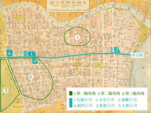1936 年上海南京路地圖。上海四大百貨公司：先施、永安、新新、大新，都聚集在跑馬場一帶。圖│研之有物(資料來源│上海圖書館、連玲玲提供)