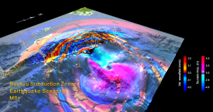 假想的琉球海溝發生規模 M8 以上的大型逆衝地震之模擬結果，包括「地震波的地表速度波長」與「海嘯的波高」二者的模擬。 資料來源│李憲忠提供
