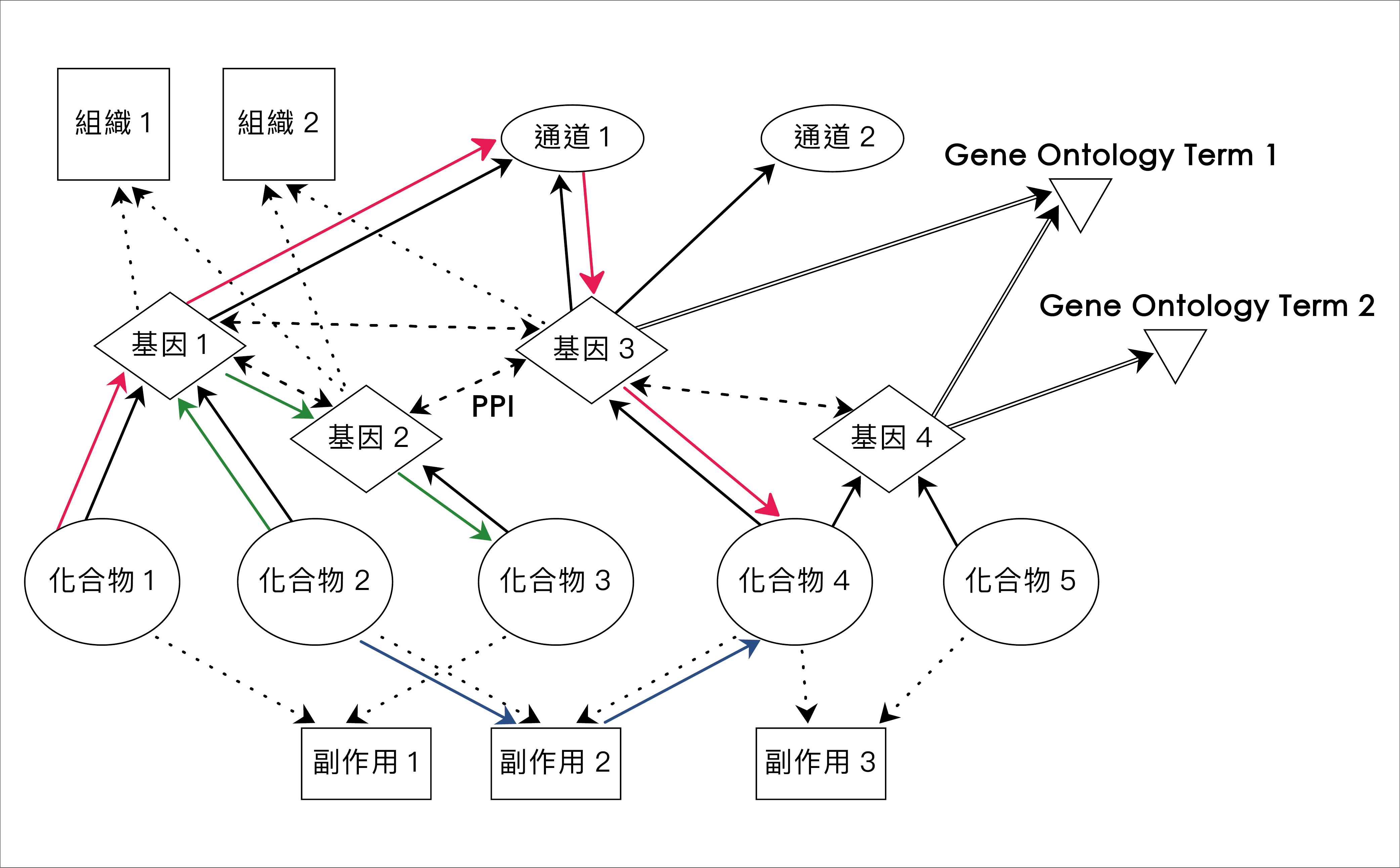 透過深度學習，幫助判斷哪個藥物研發路徑比較重要 (不同顏色的箭頭)，及預測某個藥物能不能治療某種疾病。圖│研之有物 (資料來源│俞士綸)