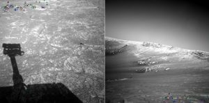 NASA 在外太空以俯視及平視兩種角度拍下火星地景，再透過 SIFT 演算法，辨認出同區域的視覺特徵 (照片中的彩色小圓圈)。圖│陳彥呈