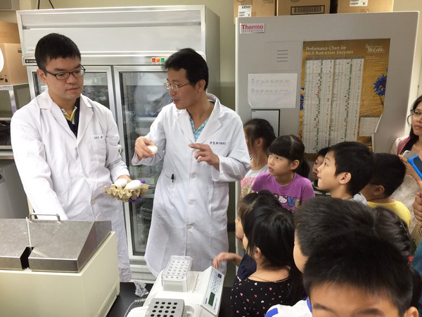 小朋友們瞪大眼睛，好奇地看著陳俊安實驗室成員手中的小雞胚胎。 圖│陳俊安實驗室