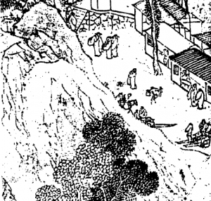 明，陸治，《支硎山圖》局部。圖右可以見到當時登山旅遊應雇的「肩輿」及「舁夫」。圖│巫仁恕提供，採自《氣勢撼人──十七世紀中國繪畫中的自然與風格》