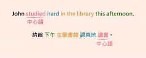 動詞是句子中的核心，也就是「中心語」。從圖中可以看出，中文與英文的中心語位置剛好是相反的。 圖說設計│黃楷元、張語辰