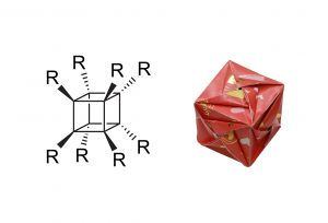 若 R = H，則為立方烷。立方烷由人工合成，呈現正四方體，如摺紙所示。八個頂點都是碳原子，並各自接了一個氫原子。若 R = NO2，則為八硝基立方烷。同樣是正四方體，除了 90 度的角張力較大，八個頂點還各接上一個易爆的硝基官能團 (-NO2) ，因此爆炸能量非常強。圖│研之有物(資料來源│Wikipedia；摺紙示範│洪上程)