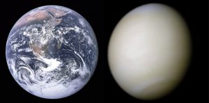 (左圖)地球的雲是白色的，雲的厚度較沒那麼厚。(右圖)金星表面被厚厚的硫酸雲遮蓋，雲的顏色較沒那麼白。圖│NASA(地球)、NASA(金星)