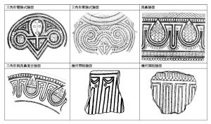 Lapita 陶器上的各式臉面裝飾，部分紋飾清楚可以見到眼睛、鼻子的結構。圖│邱斯嘉，2015，〈從 Lapita 陶器紋飾研究探討創造與維繫史前社群認同感的物質表現〉。