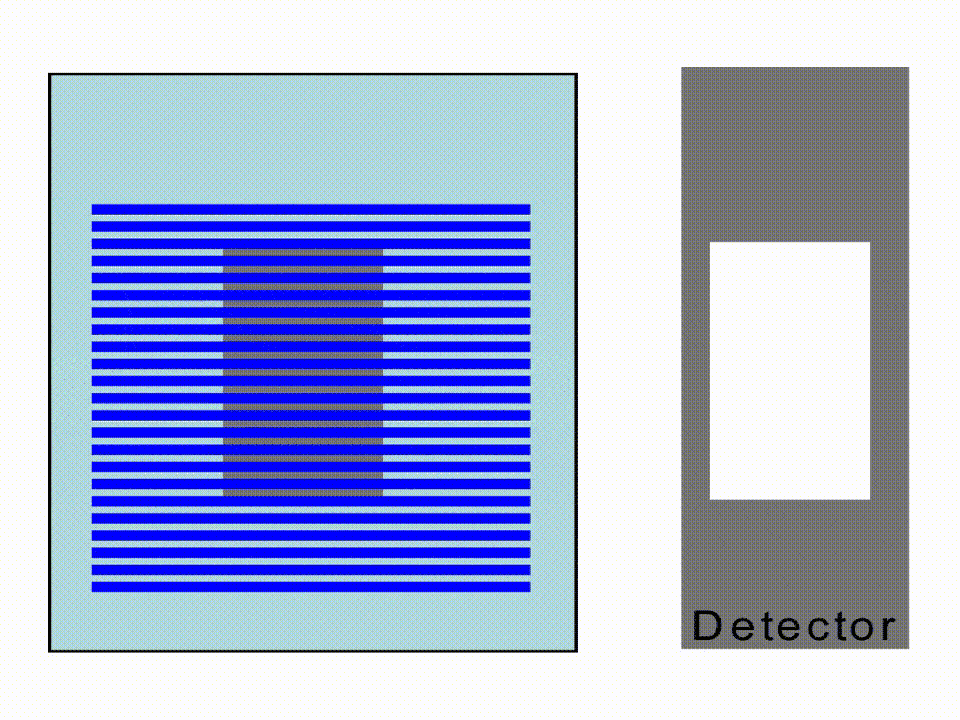 利用數百條貝索層光（藍線）掃描樣品（灰色塊）時，僅需要些微「抖動」樣品，就能完成一次完整的切面掃描（白色塊）。圖│研之有物、廖英凱(資料來源│陳壁彰提供)