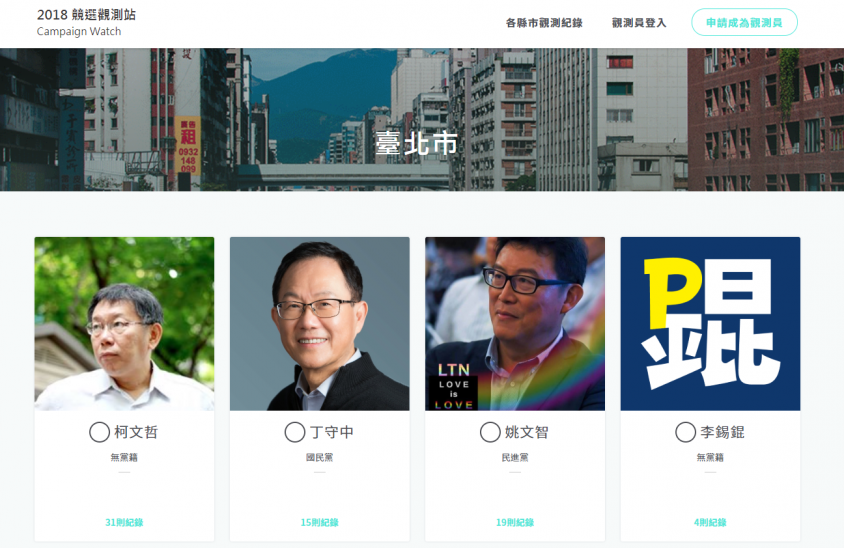 以臺北市為例，可上傳或瀏覽各位候選人的競選宣傳紀錄。圖│2018 競選觀測站