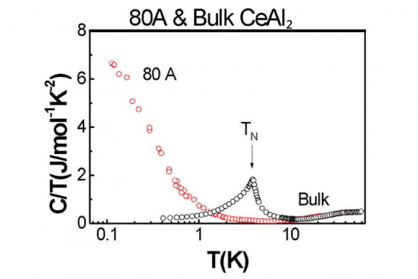 二鋁化鈰 (CeAl2) 80 nm 奈米樣品的低溫比熱與塊材截然不同，凸顯了奈米科技的獨特性。 圖│陳洋元提供，取自 Size Dependence of Heavy Fermion Behavior in CeAl2