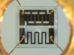 2010 年開發的第五代比熱量測晶片，Ni-Cr 與 RuO2 薄膜由無塵室半導體製程完成。晶片由四條金線懸於真空中，與控溫之銅座相連接。 圖│陳洋元提供