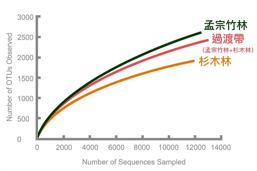 DNA 定序分析：孟宗竹林土壤細菌多樣性最高，過渡帶次之，杉木林最低。圖│研之有物、廖英凱(資料來源│Lin et al. (2014) Microbial Ecology 67:421-429)
