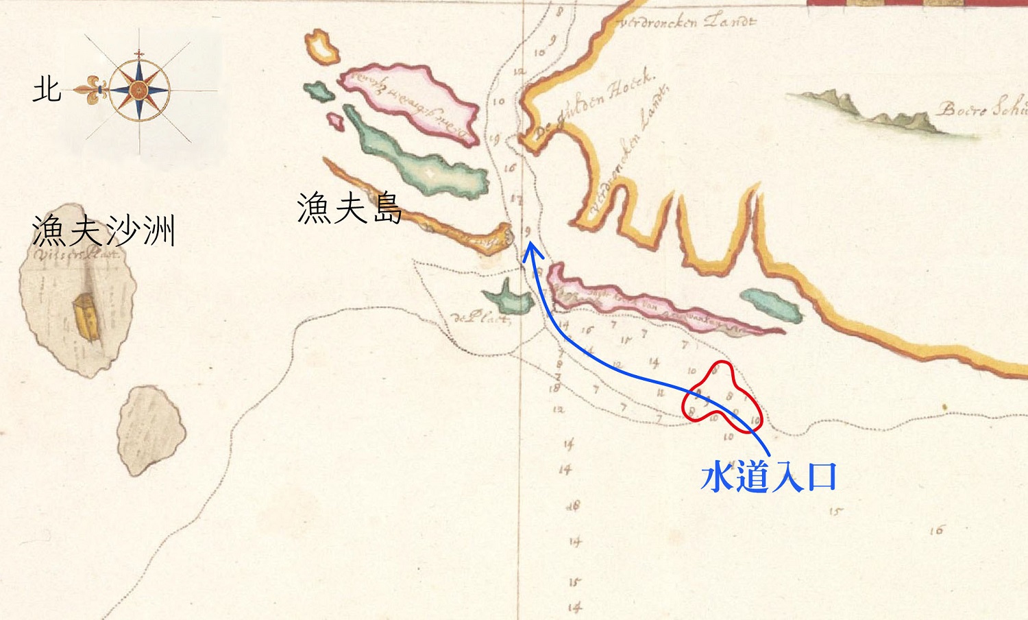 1633 年之前測繪的魍港海圖。藍線標示是可以航行的水道，此時水道入口處深度只有 7-8 呎（紅圈處），大型中式帆船不易出入，要小心翼翼地投測深錘前進圖│研之有物(資料來源│River Matthaw (Pachang, northerly Taoyuan（部分）, Johannes Vingboons, Atlas Blaeu, vol. 41:06, fol. 48-49.) 感謝奧地利國家圖書館（Österreichische Nationalbibliothek）授權使用。)