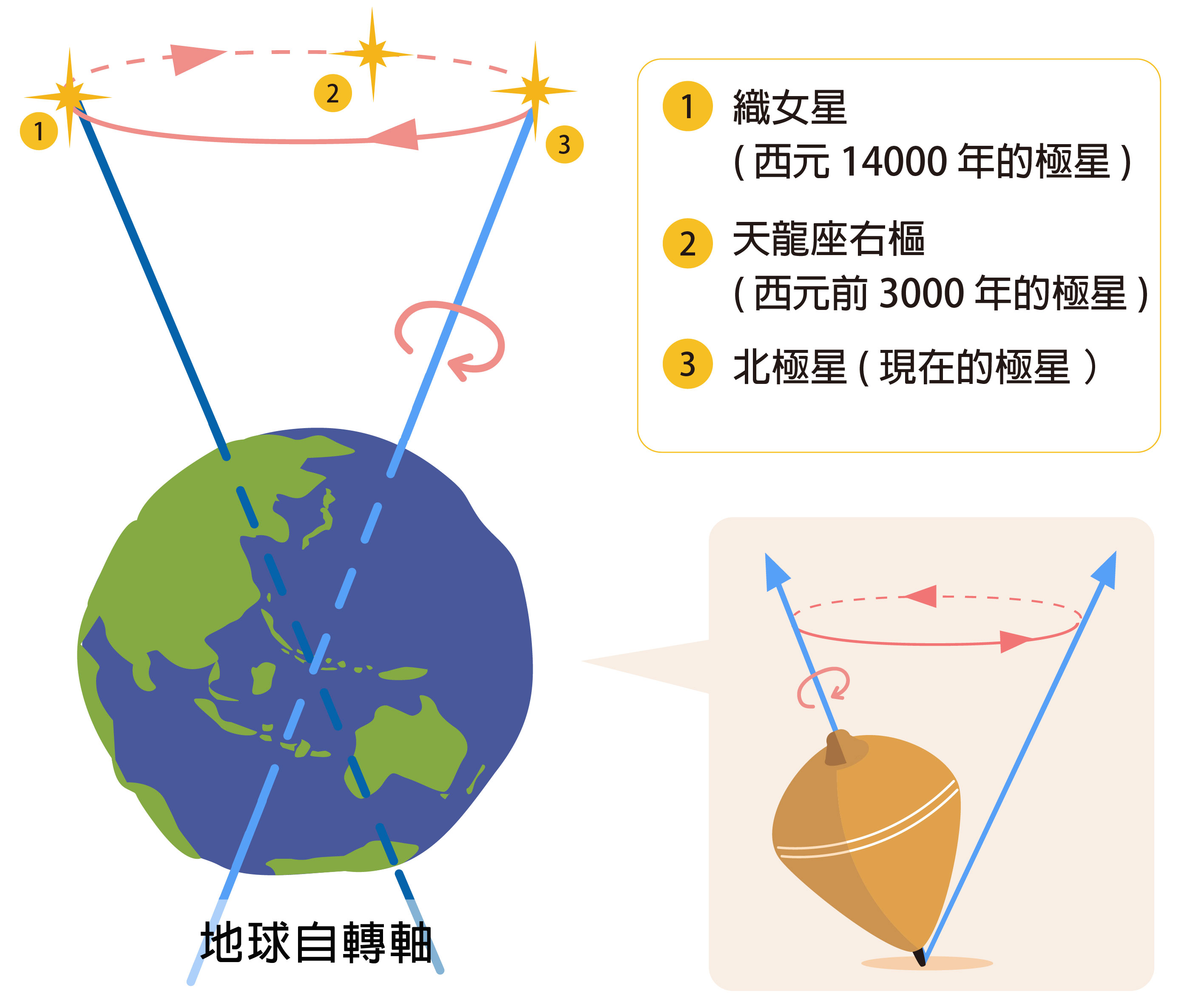 地球就像陀螺一樣,自轉軸會週期性的繞圈圈,造成春分、秋分,冬至、夏至相對於星體的角度年年改變,比方說:地軸所對的「極星」隨著時間改變,未來將從北極星轉向織女星。圖│研之有物(資料來源│趙丰)