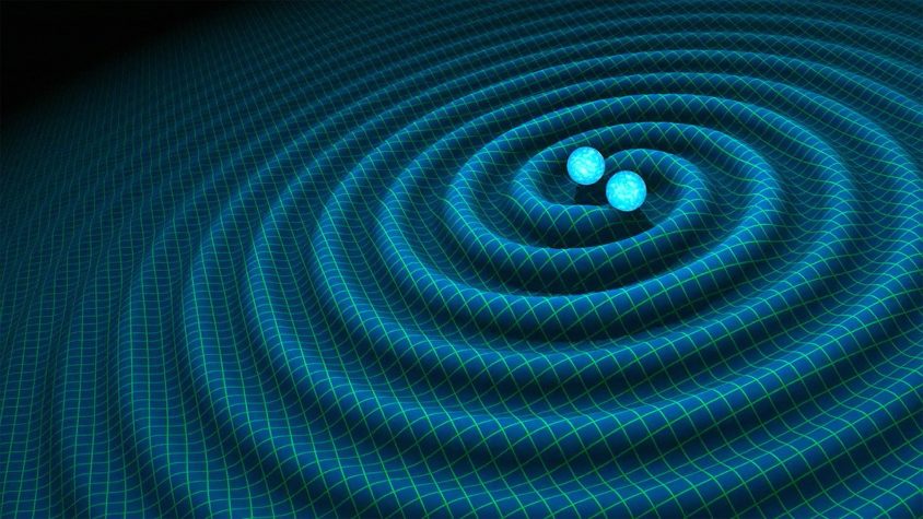 重力波示意圖。當物體加速度前進時 (如兩個超大質量星體互繞)，會使空間的扭曲發生變化、產生「漣漪」，這就是「重力波」。圖│R. Hurt/Caltech-JPL