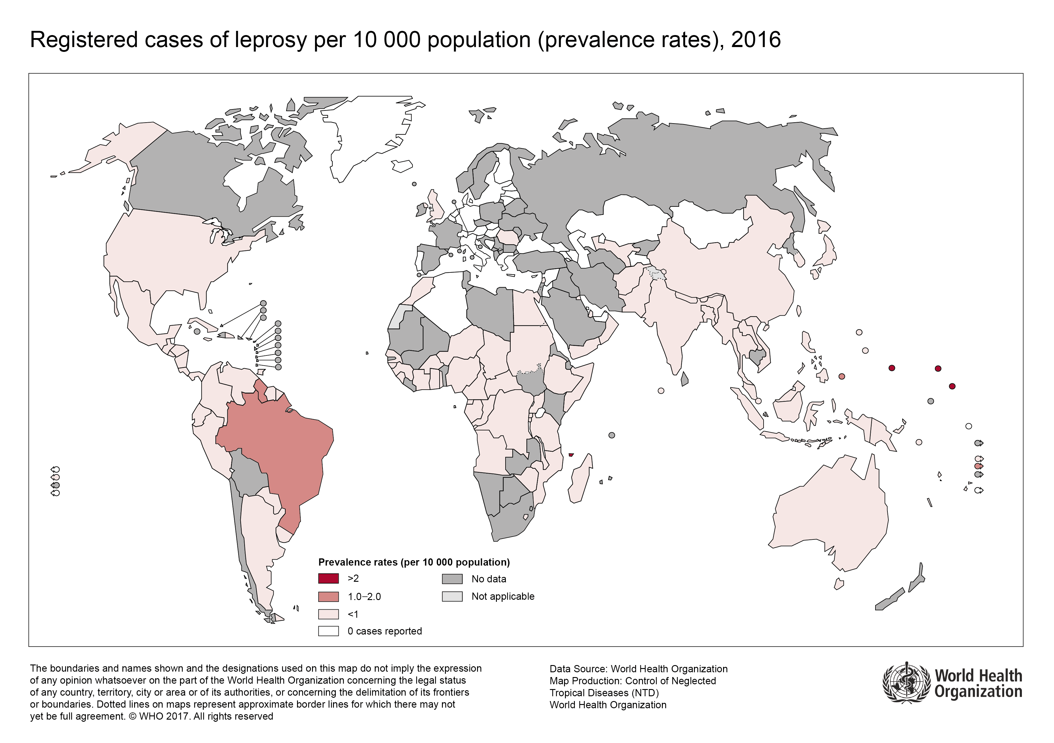 2016 年世界衛生組織公布的全球麻風地圖，僅剩巴西一帶盛行率超過萬分之一。圖片來源│World Health Organization