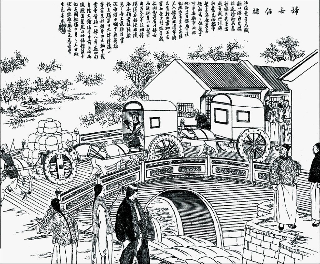 從清代的婦女保標圖像可知,那些舞刀弄鎗、英姿颯爽的女俠,其來有自,不只是小說家的虛構幻想。圖│〈姑嫂保鏢〉,吳友如等畫,《點石齋畫報》(大可堂版)冊12,頁2。