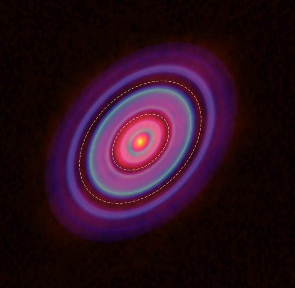 這張照片是拍攝分子譜線，得到金牛座 HL 原行星盤的氣體分布，同樣有環與間隙。圖│ ALMA (ESO/NAOJ/NRAO), Yen et al.