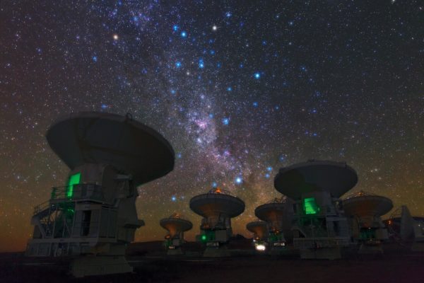 阿塔卡瑪大型毫米波天線陣中的一些無線電望遠鏡，運用了「天文干涉技術」。若要用單一望遠鏡看清楚原行星盤，望遠鏡必須非常巨大，技術上很困難。因此天文學家先建造幾個「比較小」的望遠鏡，彼此相隔遙遠，再將它們的觀測資料一起分析，效果等同一台巨大望遠鏡，這就是「天文干涉技術」 。圖│維基百科