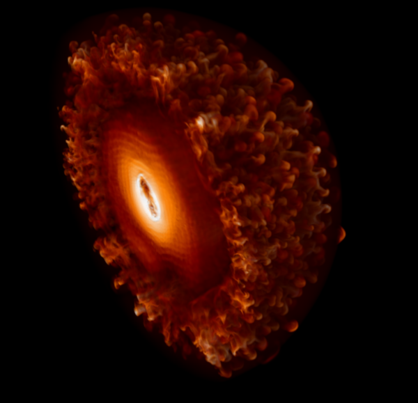 陳科榮以超級電腦模擬磁星驅動超新星爆炸的過程，上圖為將磁星一切為二的三維模型。圖│中研院天文所 陳科榮