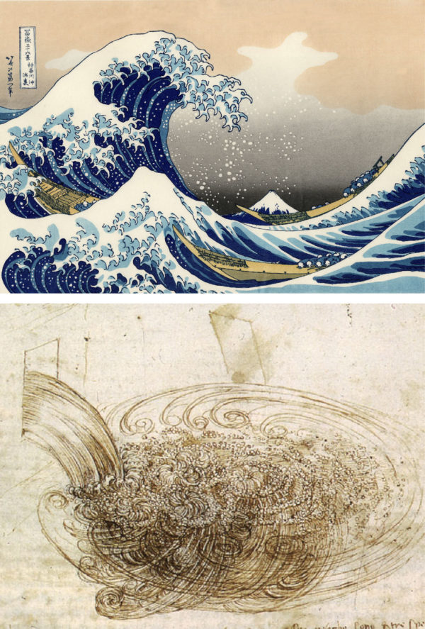 從葛飾北齋浮世繪的海浪畫面 (上)，以及達文西繪製的紊流細節 (下)，可看見真實流體的結構有多複雜。圖│維基百科