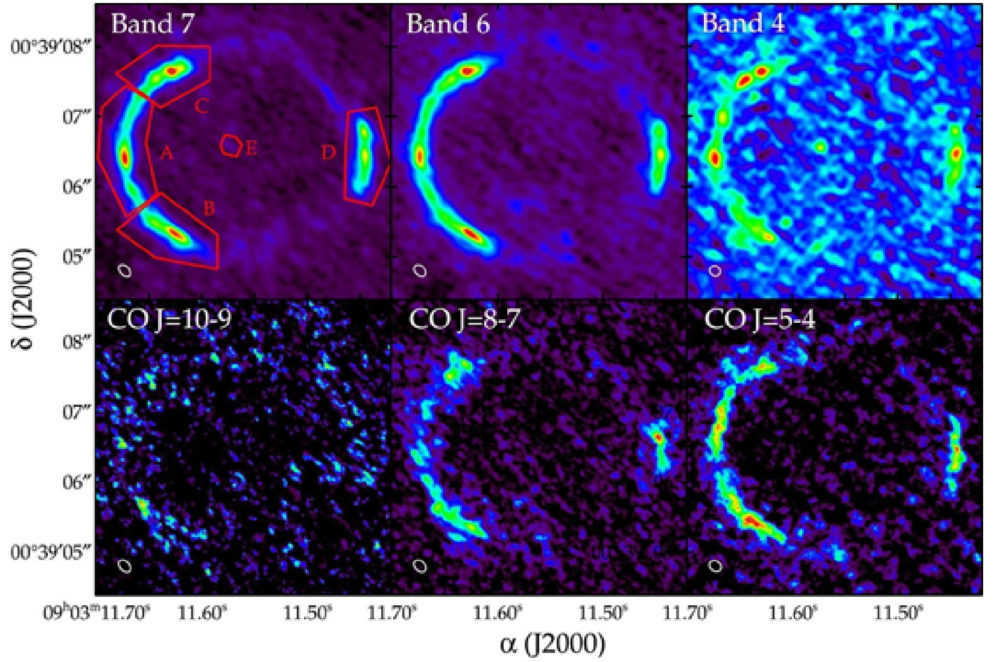 SDP.81「愛因斯坦環」的 ALMA 影像，數個紅點來自星系核心緻密區域。圖│黃活生、蘇游瑄、松下聰樹 (2015)
