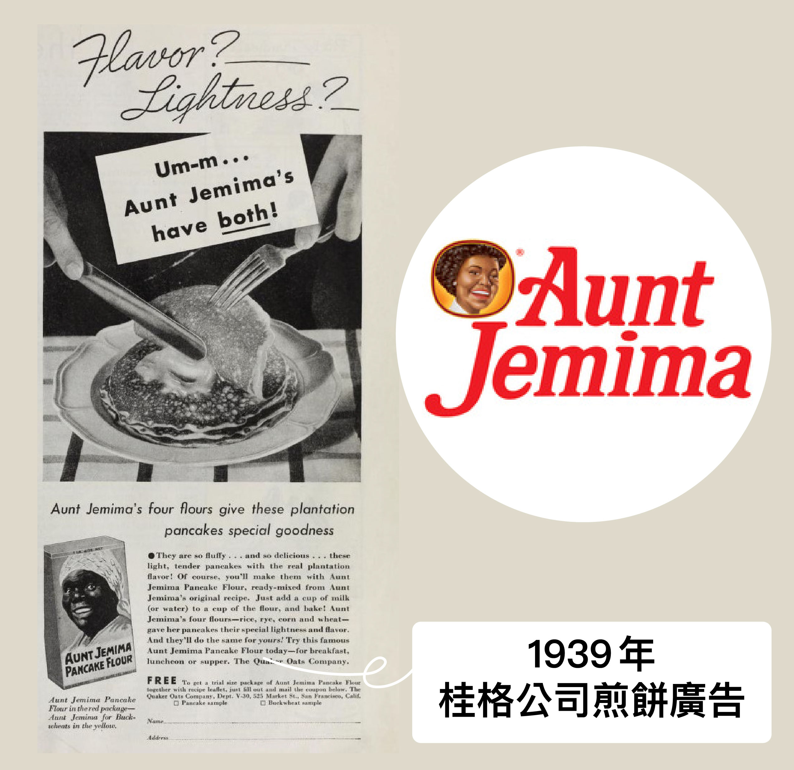 1939 年桂格公司煎餅廣告，紙盒上印製大大的「傑米姨」，角色原型即是黑人姆媽，胖胖身形、身穿白圍裙、戴著白頭巾的黑人奴隸。直到 2020 年，桂格公司才宣布，往後不再使用傑米姨商標。圖│Southern Pacific Company. Passenger Department