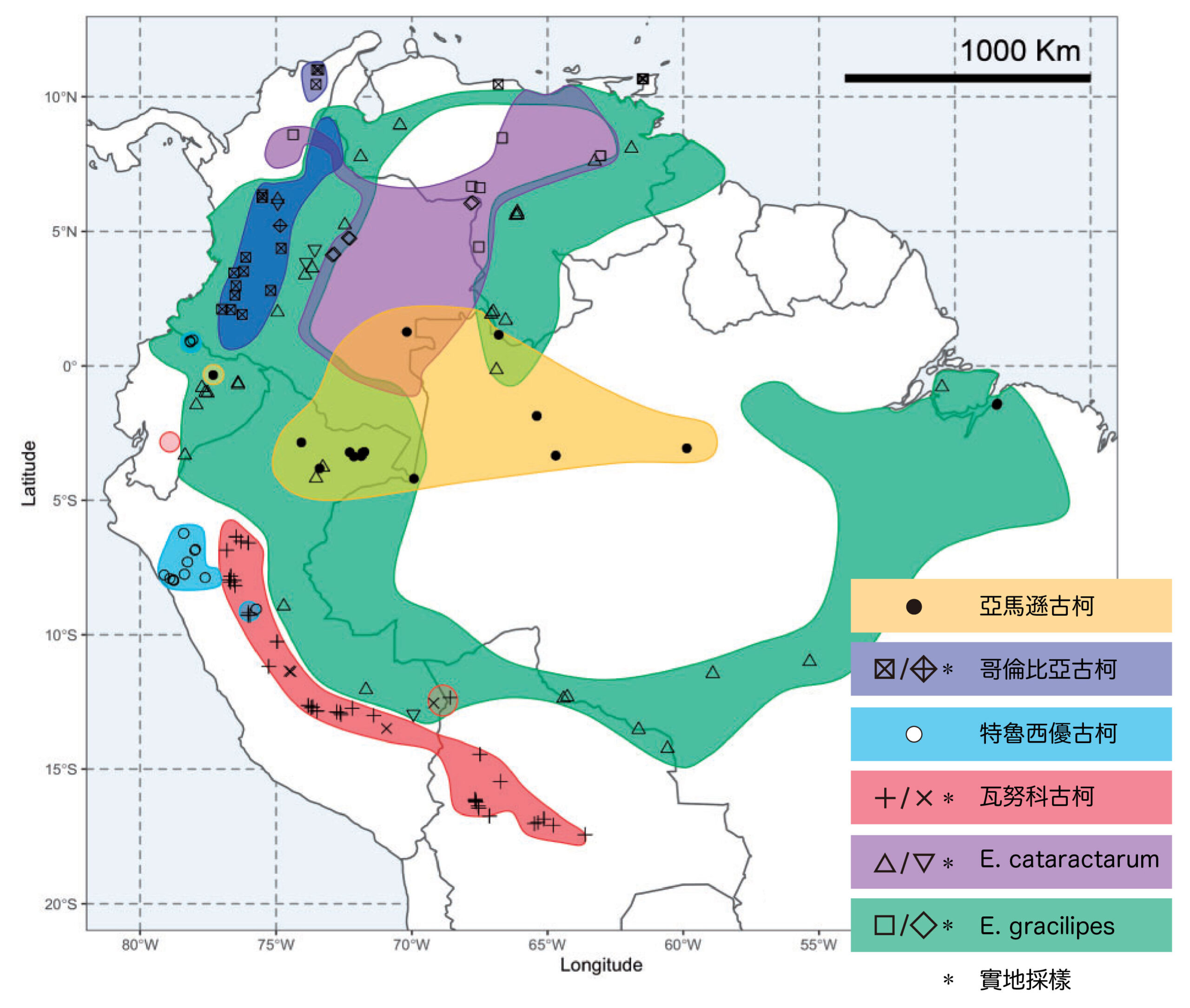 南美洲的古柯分佈圖（不記非法種植區），不同品種對應不同圖示，圖示位置即館藏樣本的紀錄地點，而有標星號的圖示則是少數實地採樣的採集地點。圖中包含 4 種人工種植古柯（亞馬遜古柯、哥倫比亞古柯、特魯西優古柯和瓦努科古柯）以及 2 種野生古柯（Erythroxylum cataractarum、Erythroxylum gracilipes）。圖│研之有物（資料來源│黃仁磐）