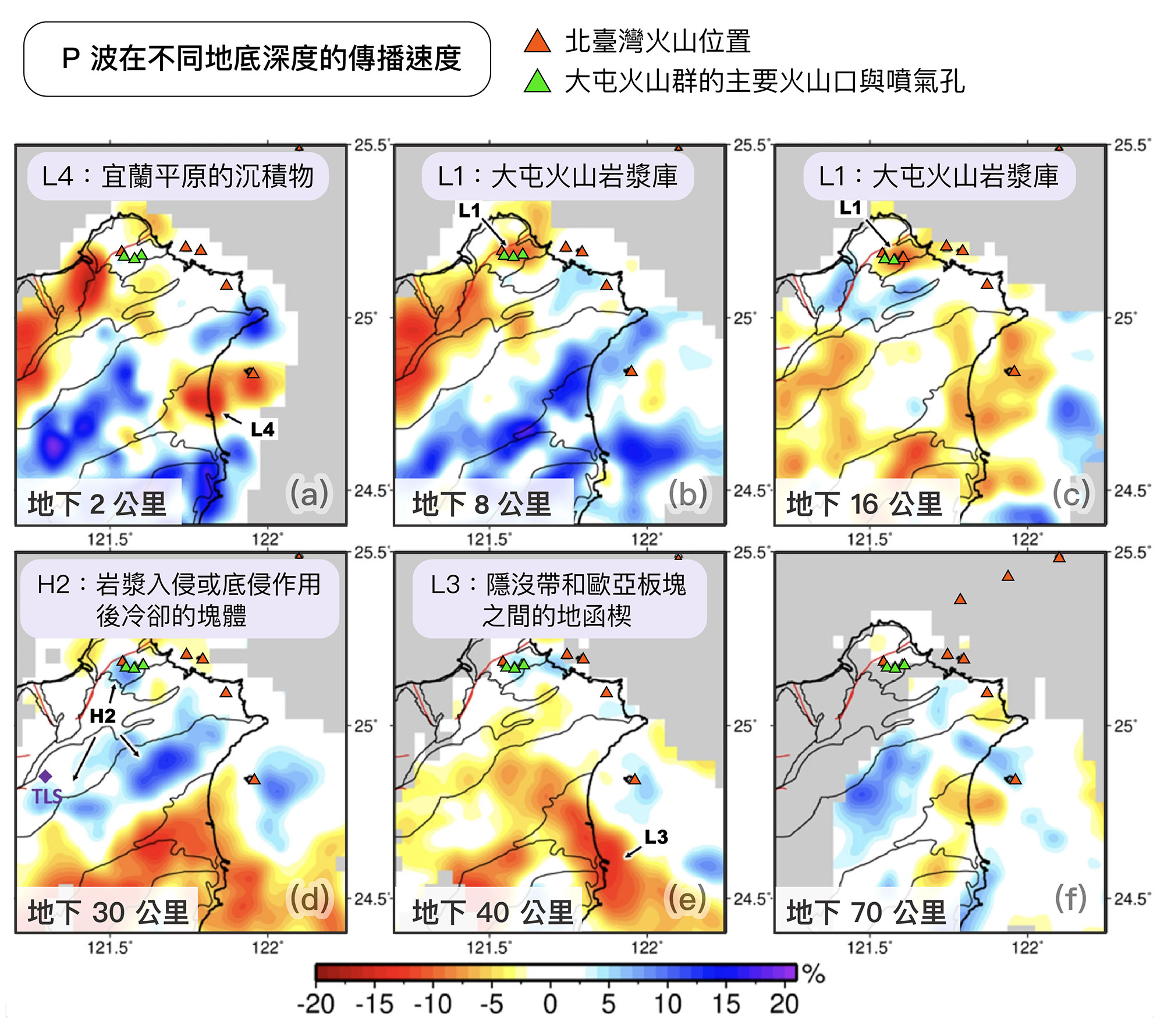 P 波在臺灣北部不同地底深度的傳播速度分布。圖│黃信樺