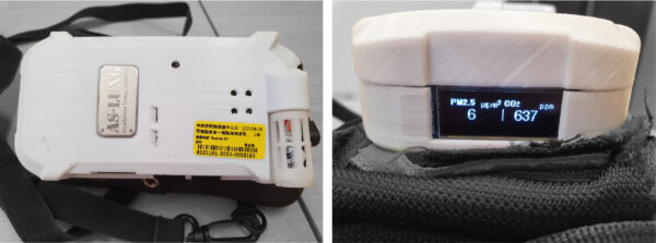 圖片為AS-LUNG-P（隨身機），機器平面大小約一個口罩，可輕易配戴在身上，最底部顯示 PM2.5 和二氧化碳的精準量測數據。圖│研之有物