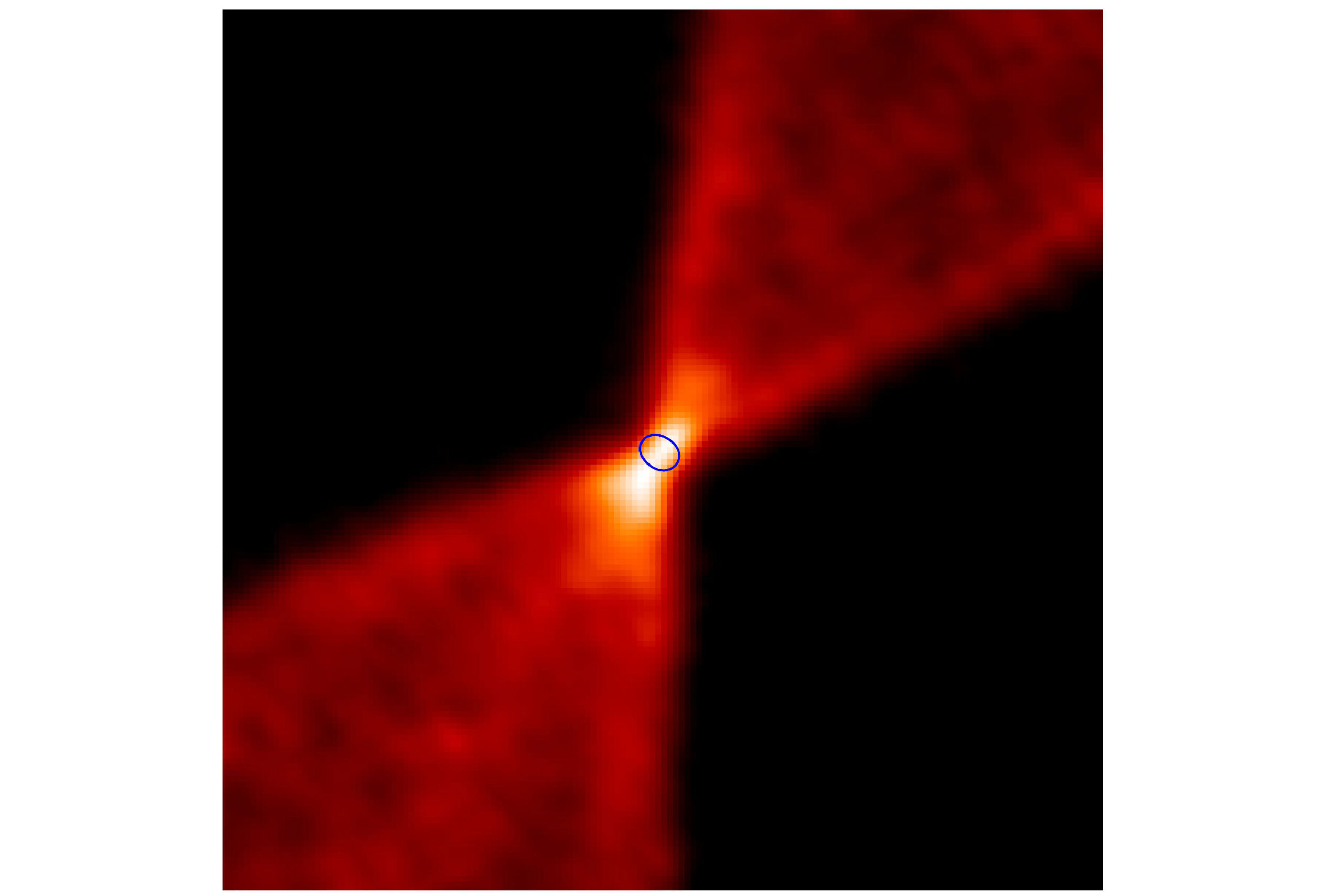 此圖由 ALMA 望遠鏡拍攝，呈現獵戶座大星雲中一個恆星形成區的一氧化碳分布，可見到明顯的分子外流（outflow）構造。富含複雜有機分子的「熱微核」位於藍色圓圈區域。圖│呂聖元