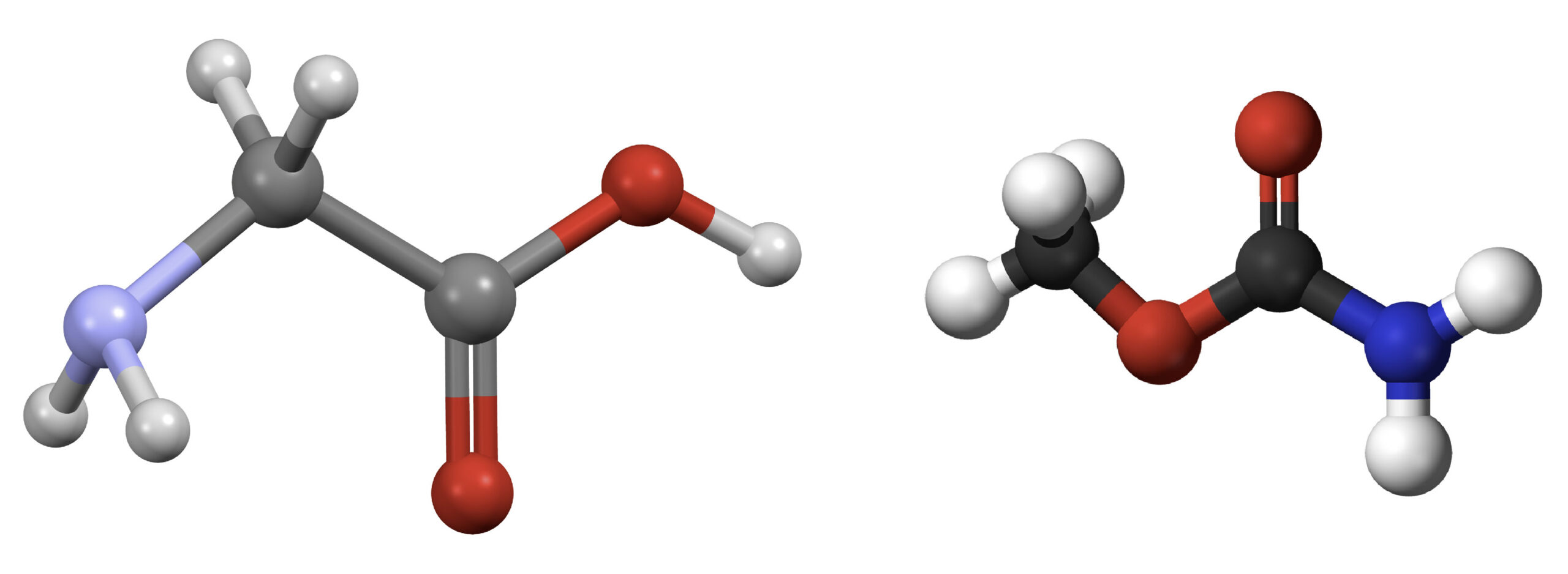 甘胺酸（左）與其同分異構物氨基甲酸甲酯（右）的分子結構示意圖，兩者的原子組成相同，但是鍵結方式不一樣。圖│研之有物（資料來源│Wikimedia Commons）