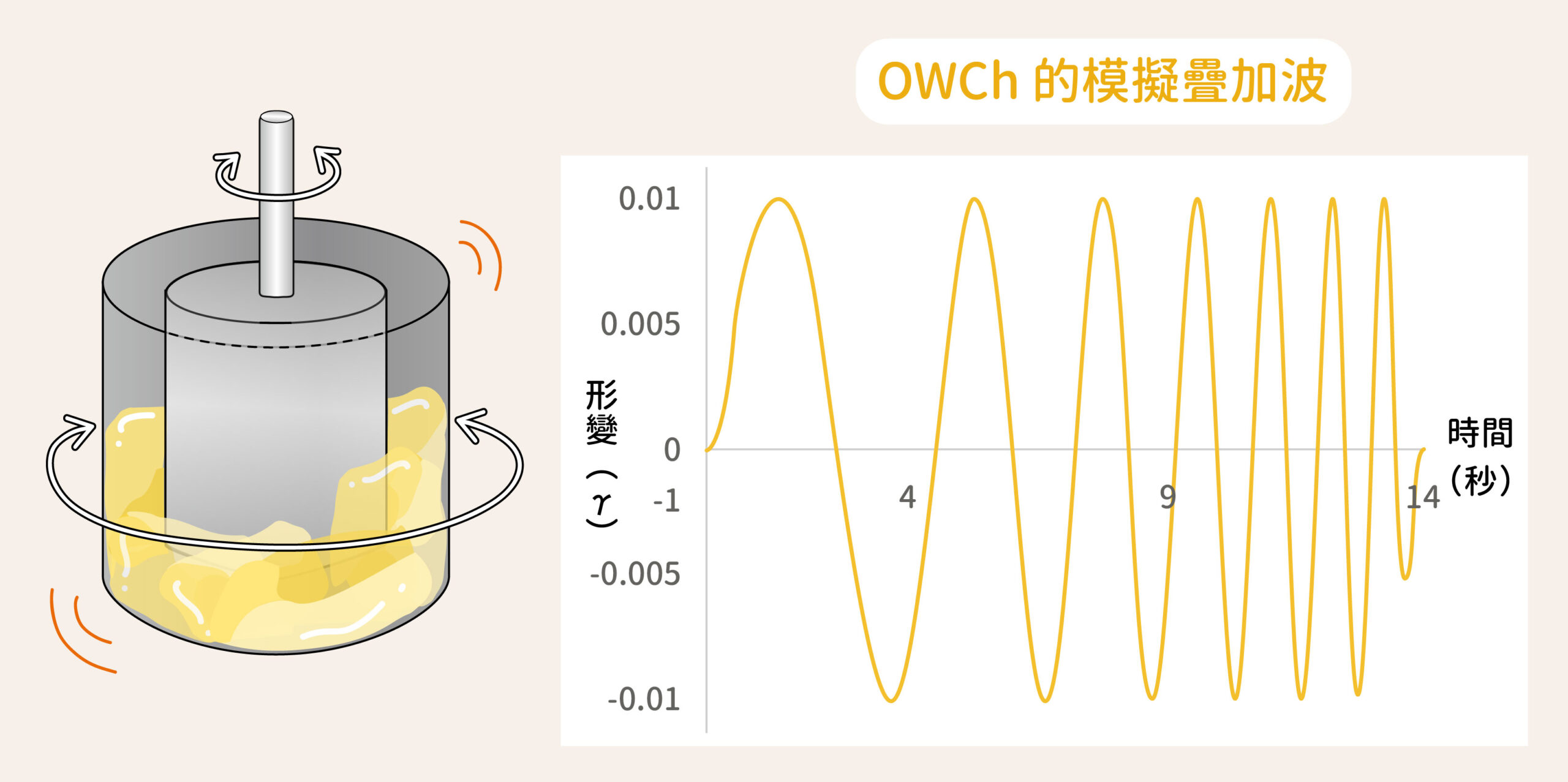 左為杯狀容器與量具；右為 OWCh 的模擬疊加波，此形變訊號 γ 將輸入儀器中進行量測。圖│研之有物（資料來源│陳彥龍）