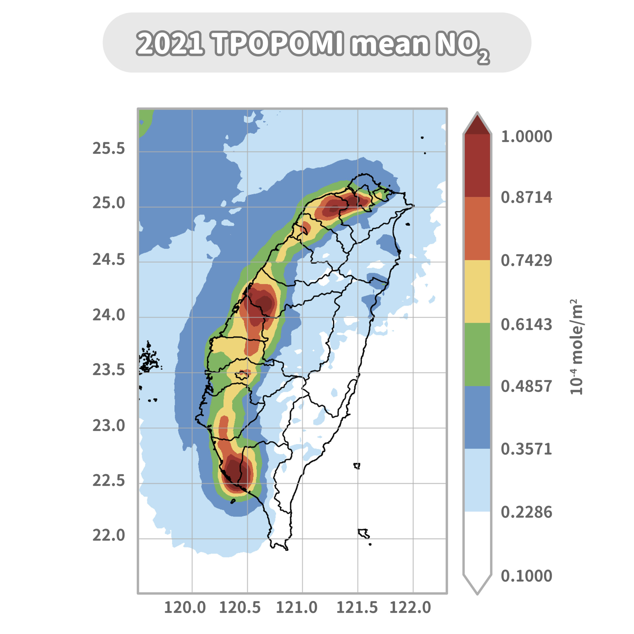 衛星數據為 2021 年臺灣上空的二氧化氮（NO<sub>2</sub>）年平均柱密度（column density），表示單位面積懸浮在臺灣上空的 NO<sub>2</sub> 總量。<br>圖｜周崇光