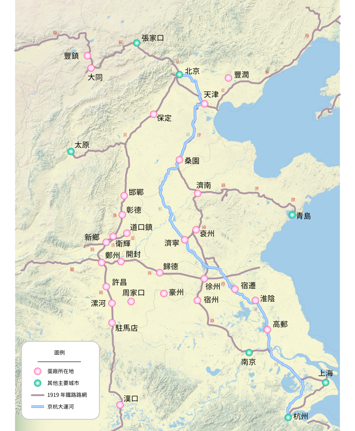 第一次世界大戰前後中國蛋廠分布圖 圖｜研之有物（資料來源｜張寧）