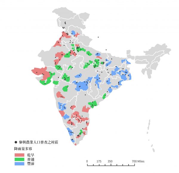 印度歷史上季風降雨情形分布圖，廣大的國土包含不同的氣候型態。 圖｜研之有物（資料來源｜莊雅婷）