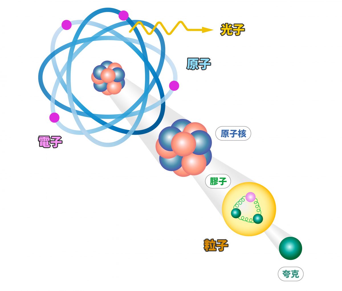 從原子到夸克的示意圖，膠子是夸克之間的「強作用力」傳遞媒介，用彈簧形狀示意。（為求圖片精簡，仍使用三夸克模型） 圖｜研之有物（資料來源｜丁肇中）