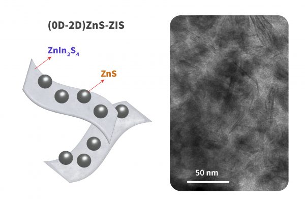 陳貴賢團隊將 0 維的 ZnS 奈米顆粒沉積在 2 維的 ZIS 奈米片之上，形成複合的異質半導體，做為光催化材料用途。左圖是示意圖，右圖是電子顯微鏡下的照片，Zn:In 比例為 1:0.46。 圖｜研之有物（資料來源｜Nano Energy）