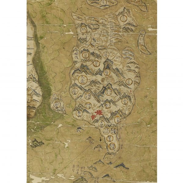 Selden Map 日本圖形，本州與九州兩個島連成一塊，此畫法可能受葡萄牙海圖影響，也顯示繪圖者只熟悉與通商有關的地名，卻不清楚兩島的關係。 圖｜Bodleian Libraries, University of Oxfor