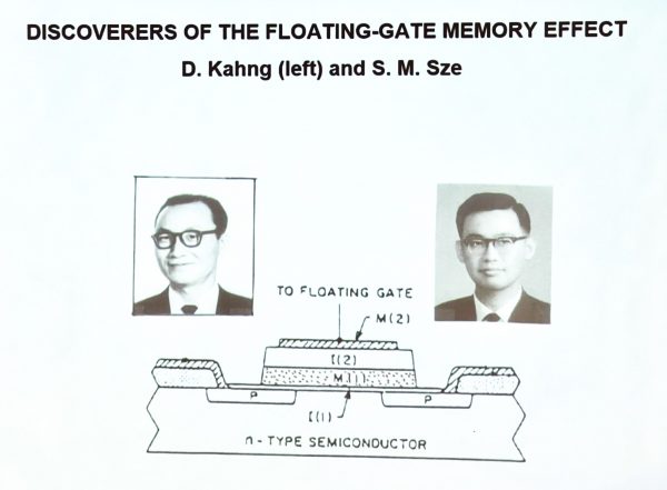 1967 年 5 月，施敏（右）和姜大元（左）共同發明了全世界第一個「浮閘非揮發性半導體記憶體」。 圖｜施敏演講資料