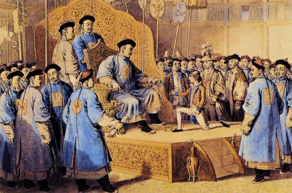 英國使節團覲見乾隆皇帝。副使喬治斯當東（George Staunton）年僅 13 歲的兒子小斯當東，在乾隆皇帝面前說中文，讓龍心大悅。他長大後成為英屬東印度公司在廣州的特別委員會主席，曾翻譯《大清律例》。 圖｜陳正國提供