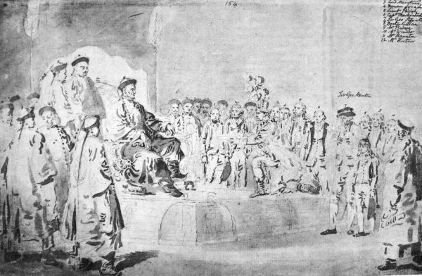 英國使節團隨行製圖員威廉亞歷山大（William Alexander）根據團員的手稿創作的速寫，描繪馬戛爾尼覲見乾隆皇帝。 圖｜Wikimedia