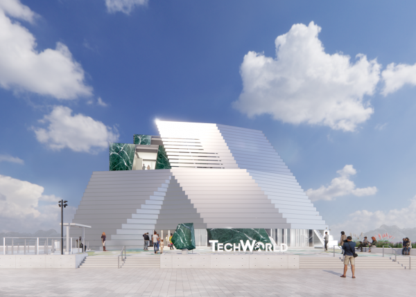 2025 年大阪世界博覽會「臺灣 TECH WORLD 館」以群山為意象，象徵臺灣的多元文化與豐富自然生態。125 年前首次在世博會亮相的臺灣，又是以什麼面貌呈現在世人眼前呢？ 圖｜TECH WORLD Expo 2025