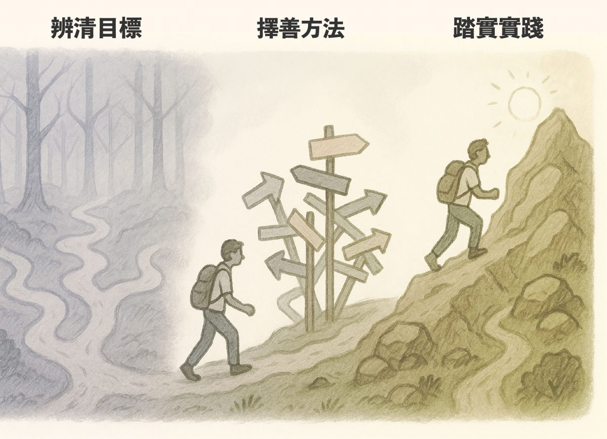 通往智慧的三重考驗:目標、方法、實踐。追求幸福的過程中,必須先辨清目標,再擇善方法,最後踏實實踐。這不是直線旅程,而是經年累月的內在修練。 圖|OpenAI DALL·E